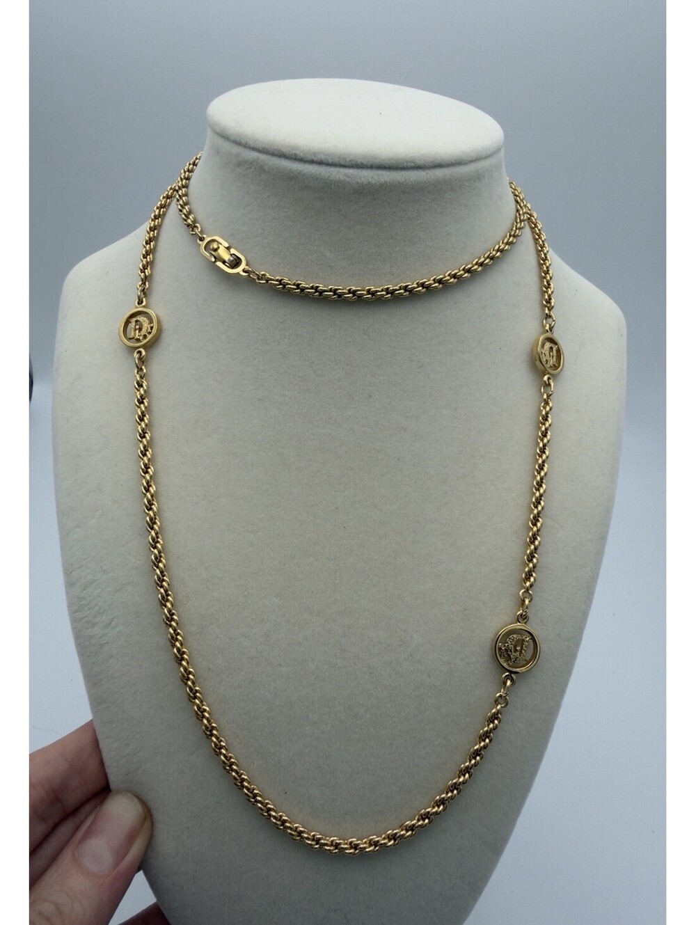 Authentic Rare Christian Dior Vintage Gold Plated Necklace Four Round Dior Logos